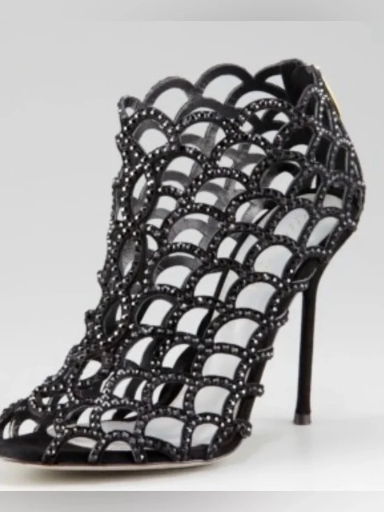 Sergio Rossi Black Scalloped crystal Laser-Cut Peep-Toe Stilettos size 38.5 - Picture 3 of 11